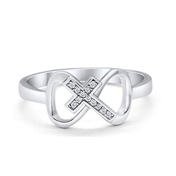 Cross Infinity Ring Round Simulated Cubic Zirconia 925 Sterling Silver